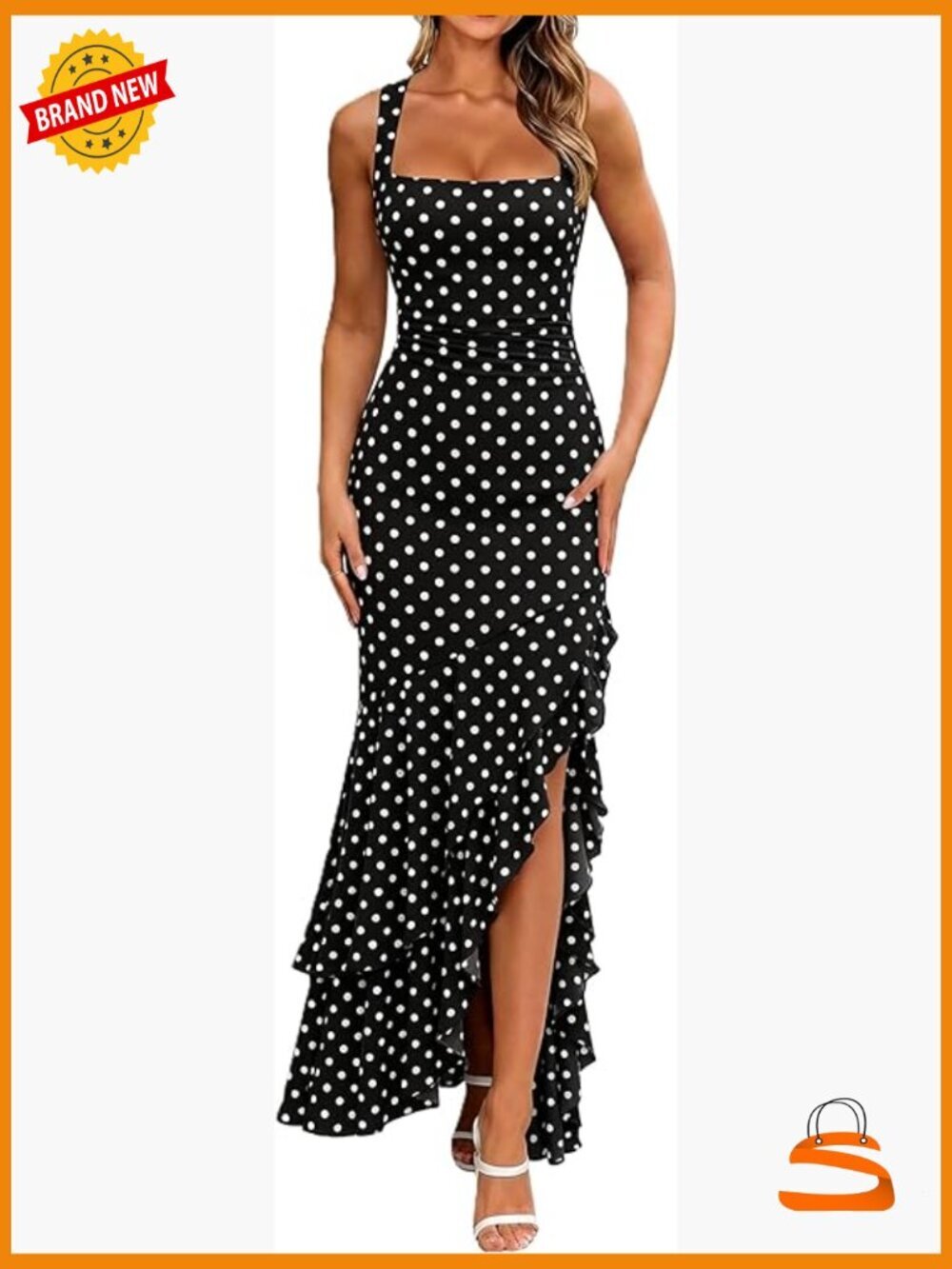 Women's Mesh Mermaid Ruffle Bodycon Maxi Dress Square Neck Sleeveless High Slit